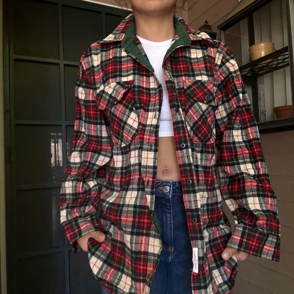 Vintage Pendleton Plaid green and red Flannel Botton Up Wool